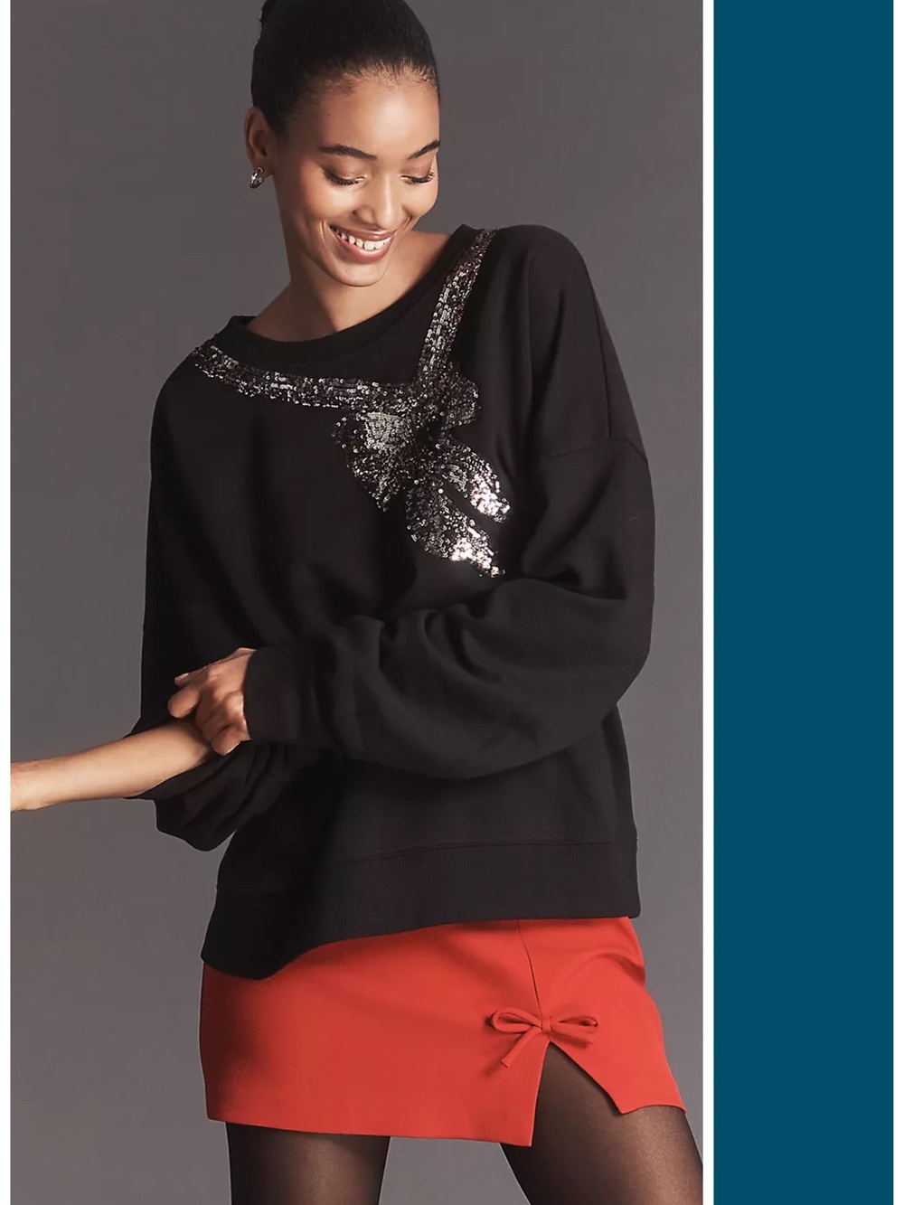 NWT Anthropologie Maeve Sequin Bow Sweatshirt in Black Size S Holiday Festive